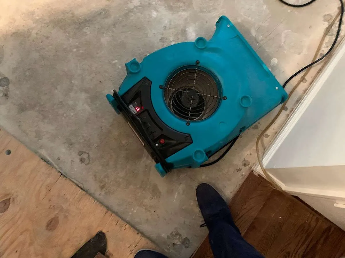 Air mover drying subfloor during Commercial Water Damage Restoration in Wendell